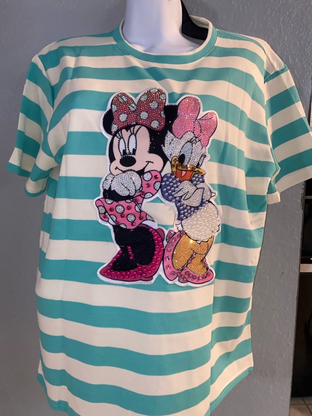 Women’s ' Aqua Stripe Minnie & Daisy Sequin Tee